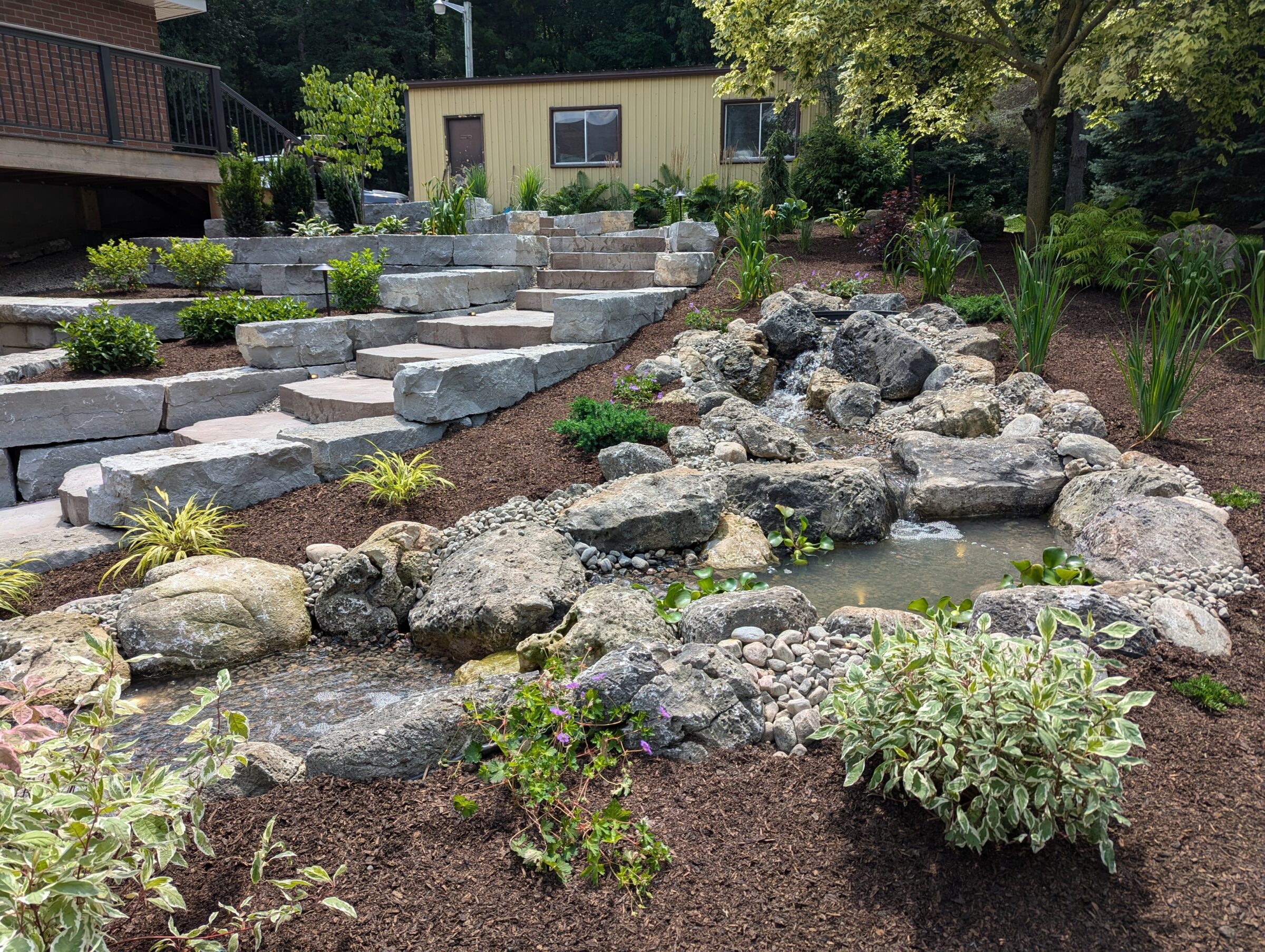 A landscaped garden features stone steps, lush plants, and a small rock-lined pond, creating a tranquil, natural outdoor space.