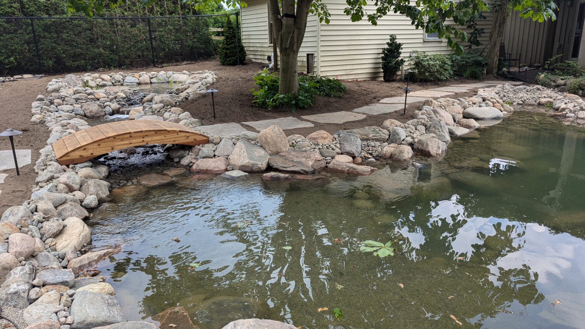 A serene backyard pond with a small wooden bridge, surrounded by rocks and greenery, near a light-colored house and trees.