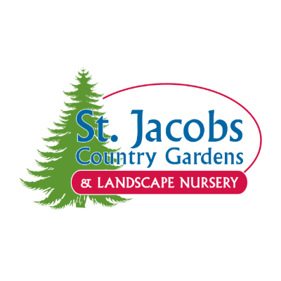 Logo for St. Jacobs Country Gardens & Landscape Nursery featuring a green tree and text with red accents on a transparent background.