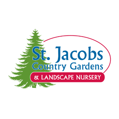 Logo for St. Jacobs Country Gardens and Landscape Nursery, featuring a green tree and blue and red text with an oval design.