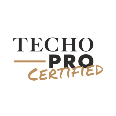 The image displays a logo with the text "TECHO PRO CERTIFIED" in black and brown font on a white background.