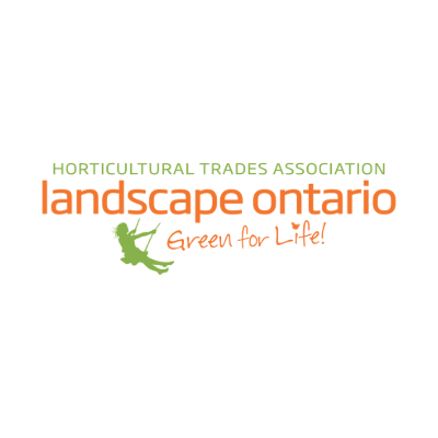 Logo of Landscape Ontario Horticultural Trades Association with green text, silhouette of a person swinging, and the slogan "Green for Life!" in orange.