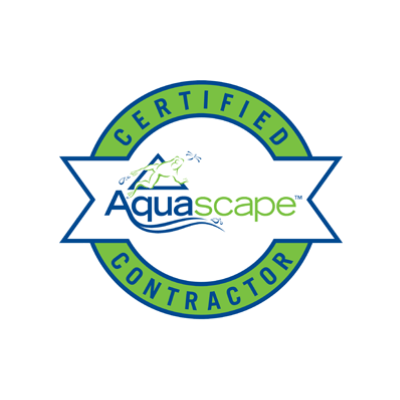 A circular logo featuring "Certified Aquascape Contractor" in green and blue, with a stylized frog and water elements above the text.