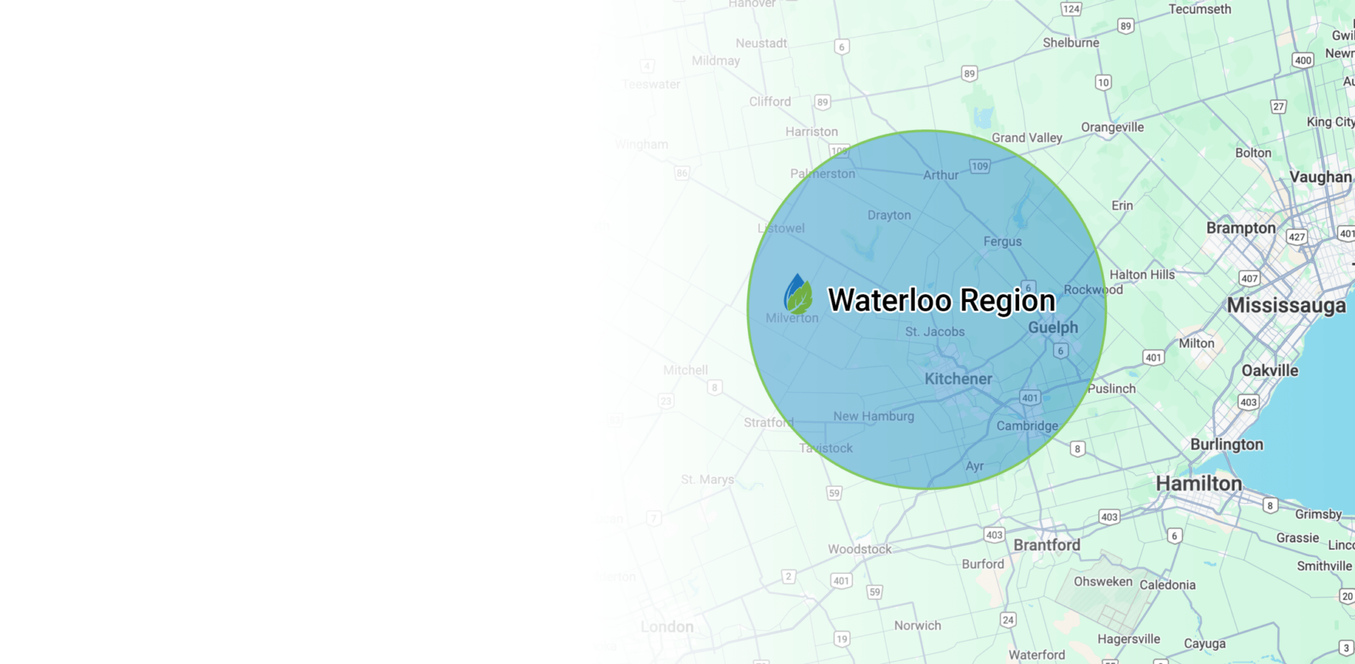 Map highlighting Waterloo Region in Ontario, Canada. The area includes Kitchener, Cambridge, and Guelph, surrounded by nearby cities like Hamilton and Mississauga.