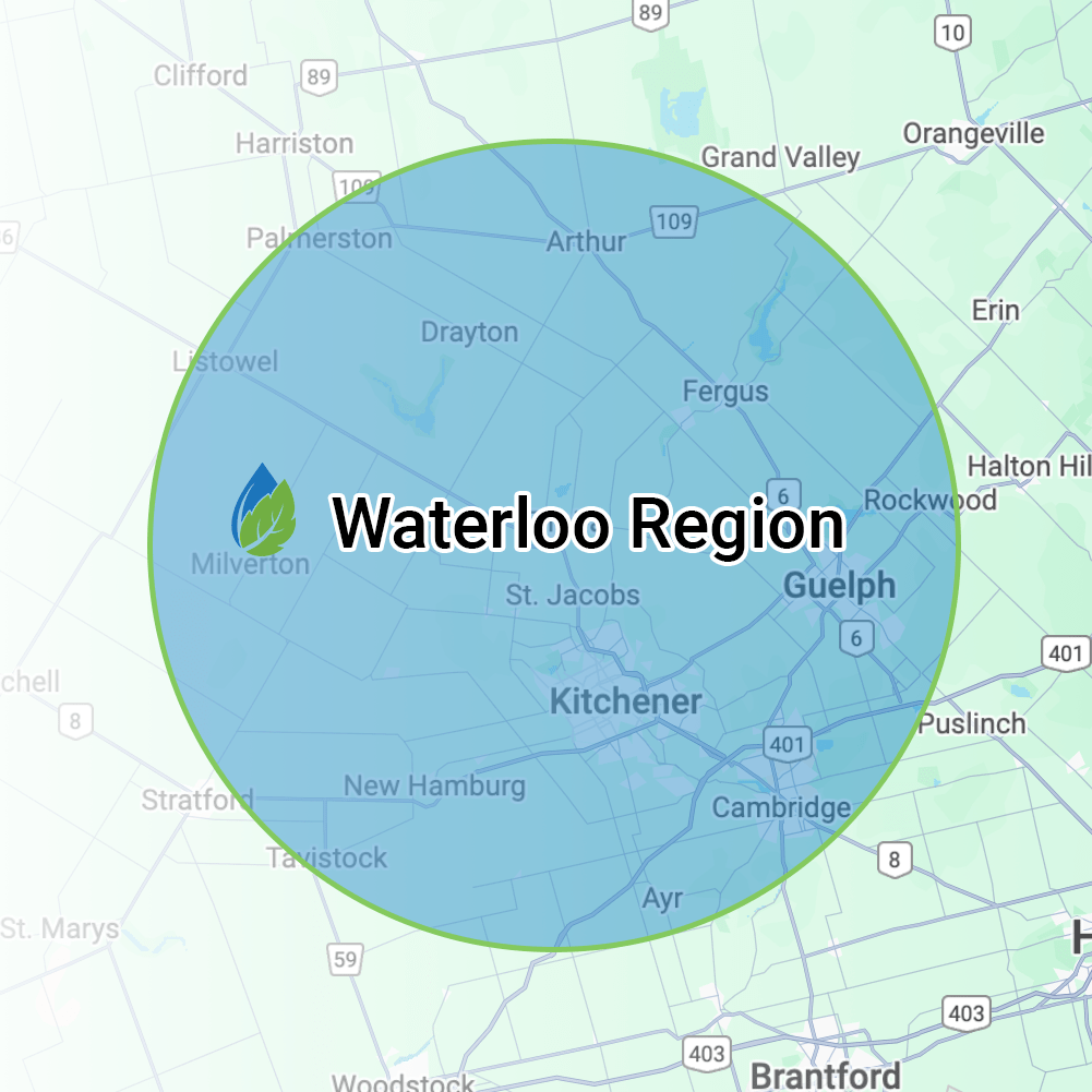 Map highlighting Waterloo Region, covering Kitchener, Guelph, Cambridge, and surrounding areas in Ontario, Canada. Nearby cities include Fergus and Stratford.