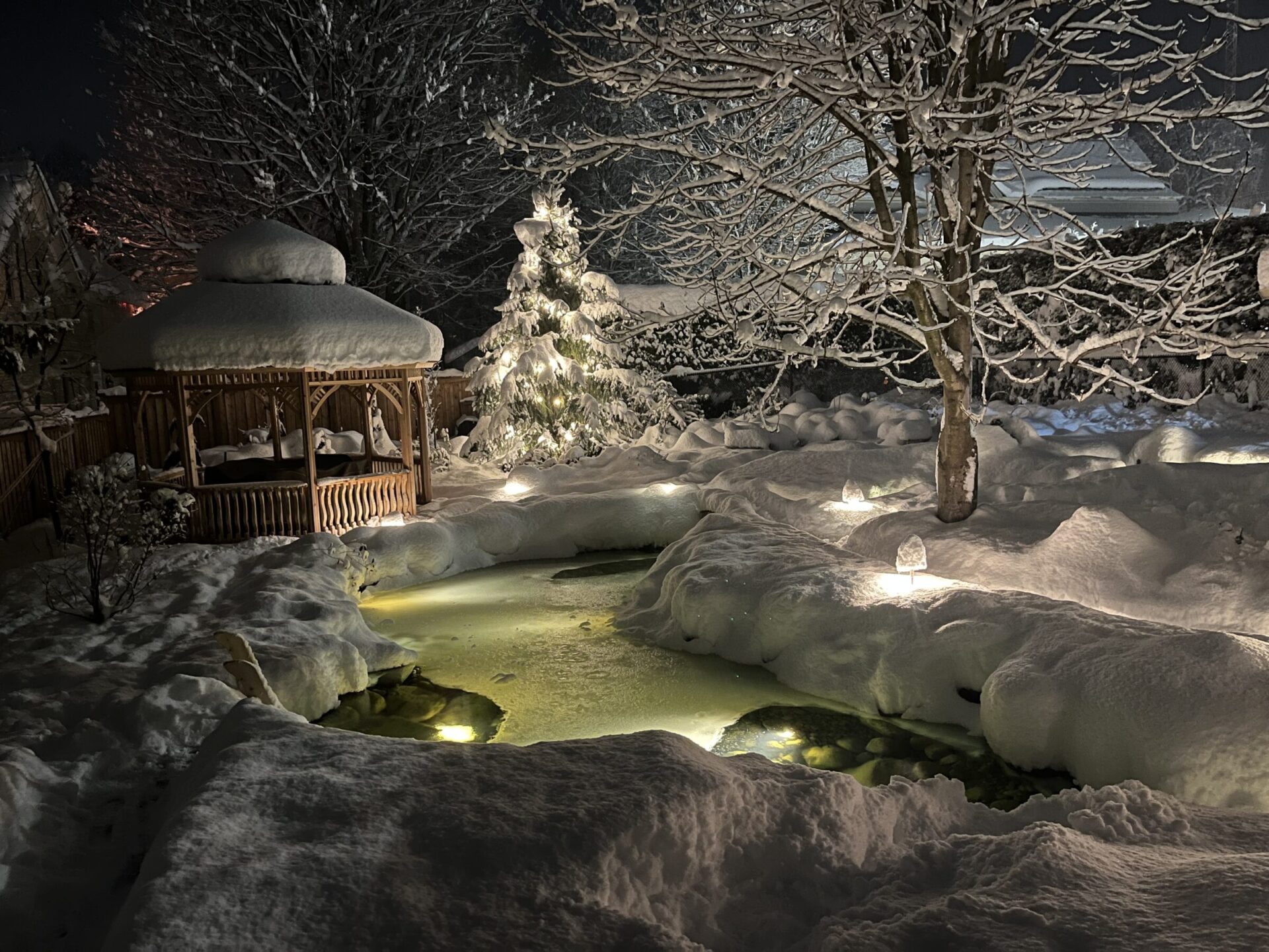 Snow-covered garden with illuminated pond, wooden gazebo, and lit Christmas tree, under snowy night sky. Peaceful winter scene with serene ambiance.