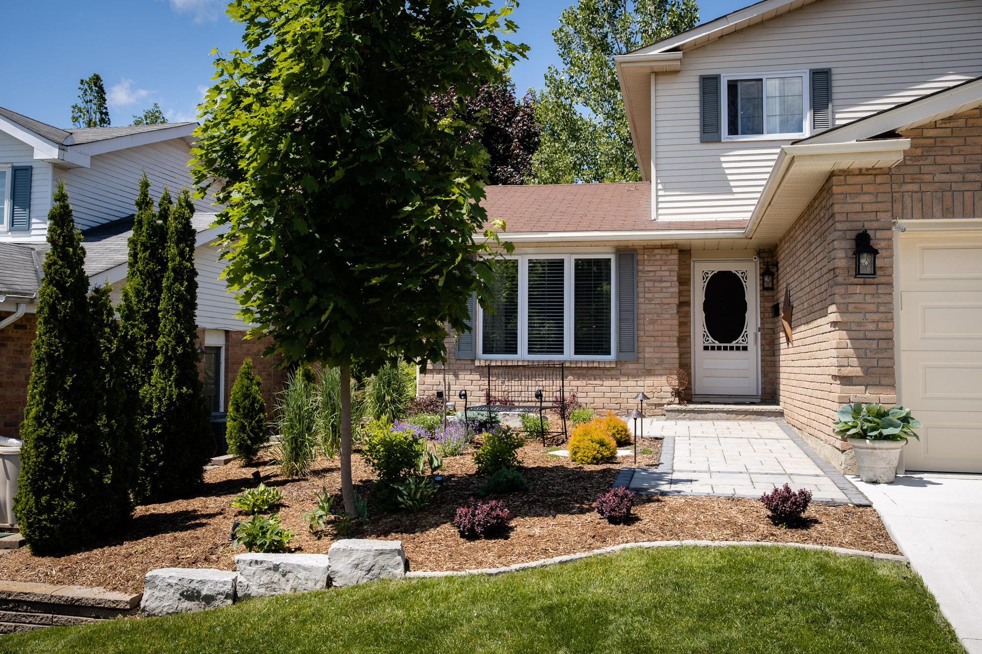Front yard of a brick house with a stone walkway, mulched garden beds, shrubs, and young trees under a blue sky.